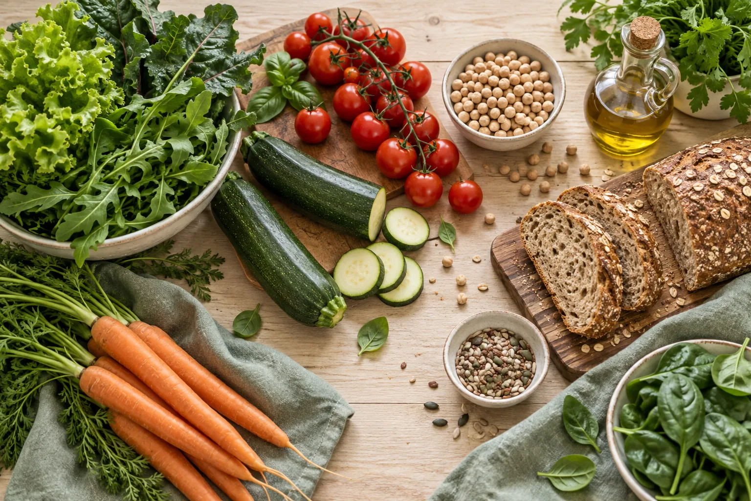 Verdure di stagione, legumi, pane integrale e olio d’oliva