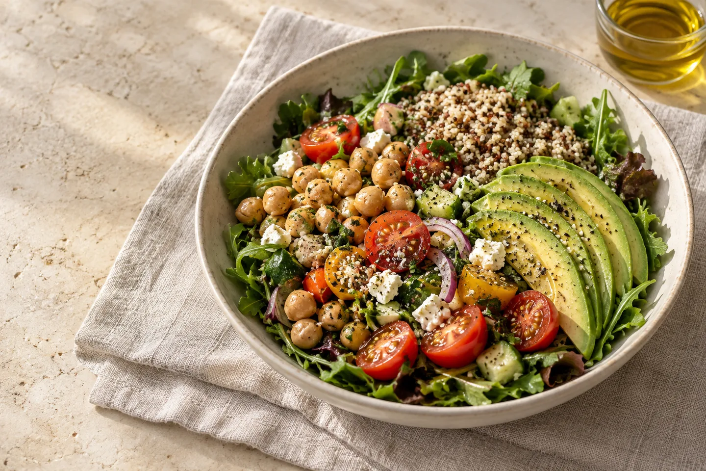 Piatto con cereali, ceci e verdure