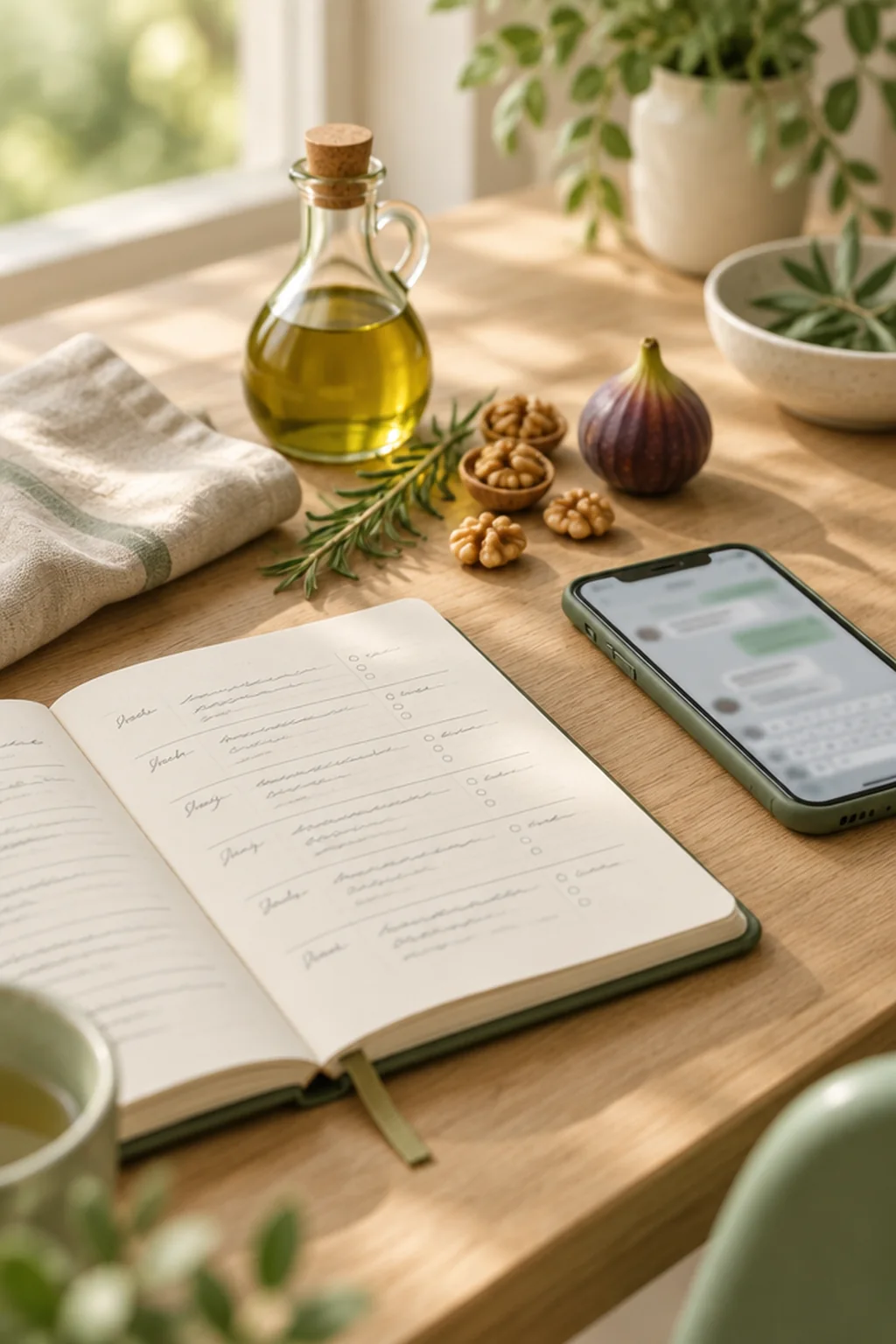 Scrivania della dietista con quaderno del piano alimentare, olio extravergine, noci e telefono